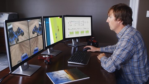 The interactive user interface features 3 screens: live camera feeds, a mapping screen and machine parameters monitoring