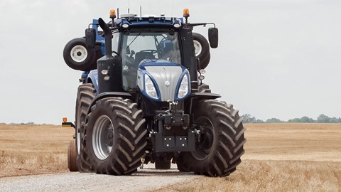 New Holland T8 NHDrive Autonomous Concept Tractor with the New Holland 2085 Air Disc Drill in transport