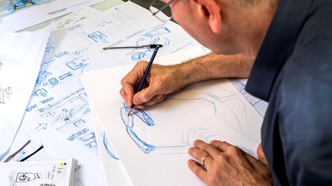 Hand sketching is used in the inital stages to provide a plurality of design ideas