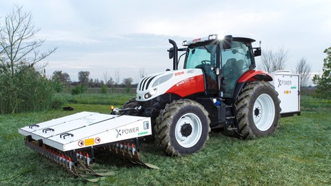 A STEYR tractor using XPower: zero-chemical weed control, through the use of electro-herbicide technology