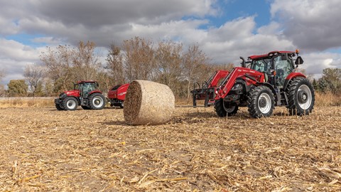 Maxxum 125 with RB565 round baler and Maxxum 145 with L105 loader
