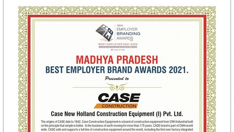 CASE Construction Equipment certified as Madhya Pradesh’s Best Employer Brand for 2021 at World HRD Congress