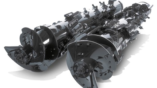 A pair of industrial augers, featuring a sleek black finish, with multiple blades and mechanical components visible. The augers are positioned parallel to each other, showcasing their intricate design and engineering.