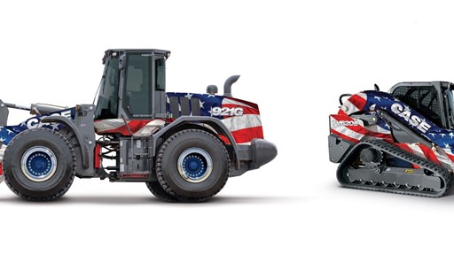Side view of two construction vehicles a large wheel loader and a compact track loader both wrapped with an American flag design on a white background
