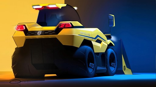A futuristic yellow and black New Holland agricultural vehicle with large tires and bright red rear lights, set against a split background of yellow and blue lighting. The vehicle has a sleek, modern design with a prominent front blade attachment.
