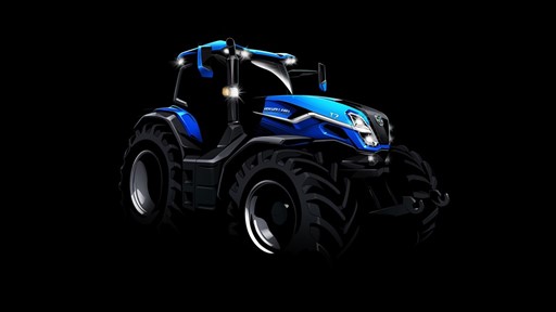 Illustration of a modern blue tractor with large black tires and bright headlights on a black background, showcasing a sleek and futuristic design.