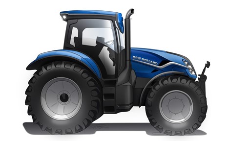 Illustration of a blue New Holland tractor with large rear and front tires, a black exhaust pipe, and a closed cabin, shown from the side on a white background.