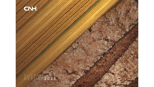 Close-up aerial view of agricultural fields and cracked dry soil side by side, symbolizing sustainability and environmental challenges, with the text "Sustainability Report 2025" and the CNH logo in the top left corner.