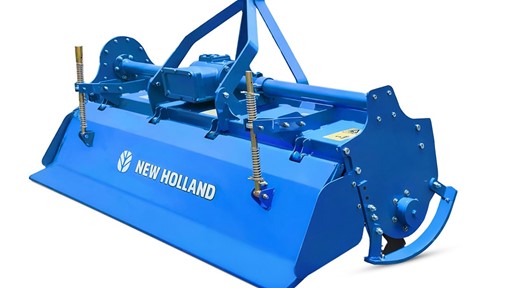 Blue New Holland rotary tiller agricultural implement isolated on a white background, used for soil preparation and cultivation.