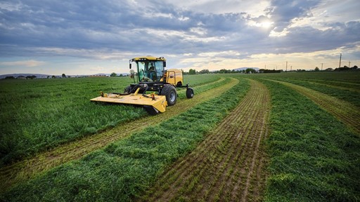 A yellow agricultural tractor mowing a large green field under a cloudy sky with the sun partially visible, creating neat rows of cut grass on the farmland.
