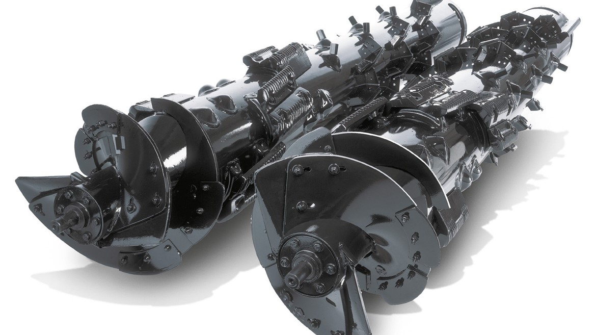 A pair of industrial augers, featuring a sleek black finish, with multiple blades and mechanical components visible. The augers are positioned parallel to each other, showcasing their intricate design and engineering.