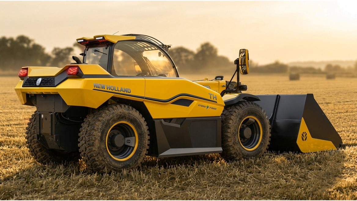 A yellow New Holland TH hybrid power agricultural loader with large rugged tires is parked on a harvested field during sunset, showcasing its modern design and front bucket attachment.