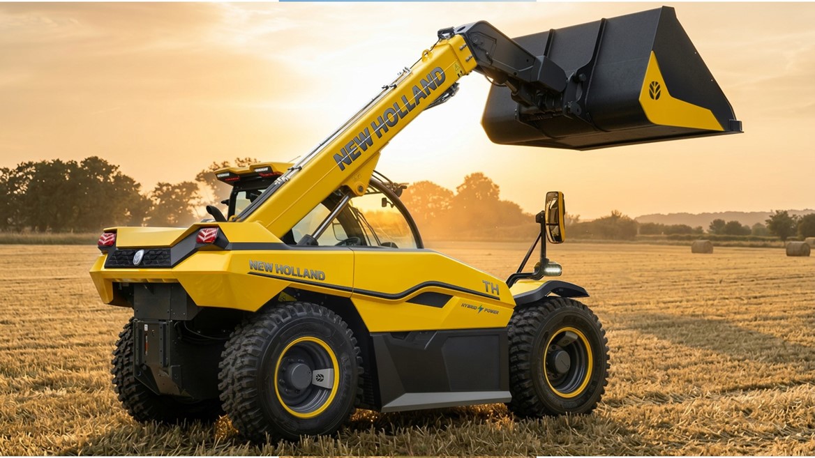Yellow New Holland telescopic handler with a raised black and yellow bucket attachment in a harvested wheat field during sunset, showcasing agricultural machinery and hybrid power technology.