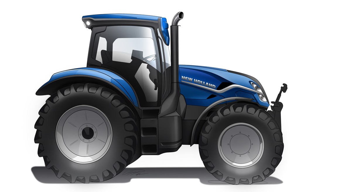 Illustration of a blue New Holland tractor with large rear and front tires, a black exhaust pipe, and a closed cabin, shown from the side on a white background.