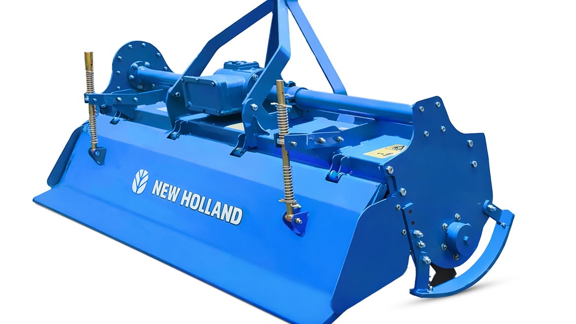 Blue New Holland rotary tiller agricultural implement isolated on a white background, used for soil preparation and cultivation.
