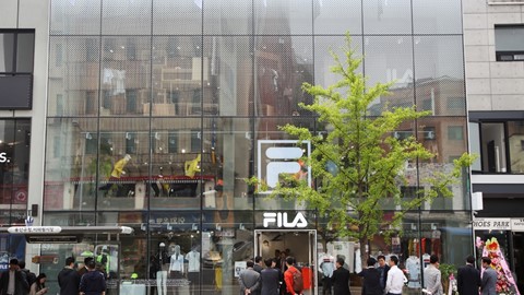 Frontal exterior view of FILA's new mega shop in Itaewon, Seoul