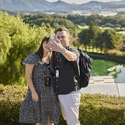 FROM LEFT KATIE AND DONALD MCLEOD TAKE A SELFIE TO COMMEMORATE THE SPECIAL TRIP WHILE ENJOYING THE PRISTINE LANDSCAPES