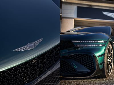 THE G90 WINGBACK PROUDLY CARRIES THE GENESIS EMBLEM AND FEATURES A MUSCULAR FRONT BUMPER CARRYING THE MAGMA BADGE AND