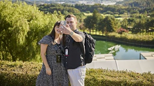 FROM LEFT KATIE AND DONALD MCLEOD TAKE A SELFIE TO COMMEMORATE THE SPECIAL TRIP WHILE ENJOYING THE PRISTINE LANDSCAPES