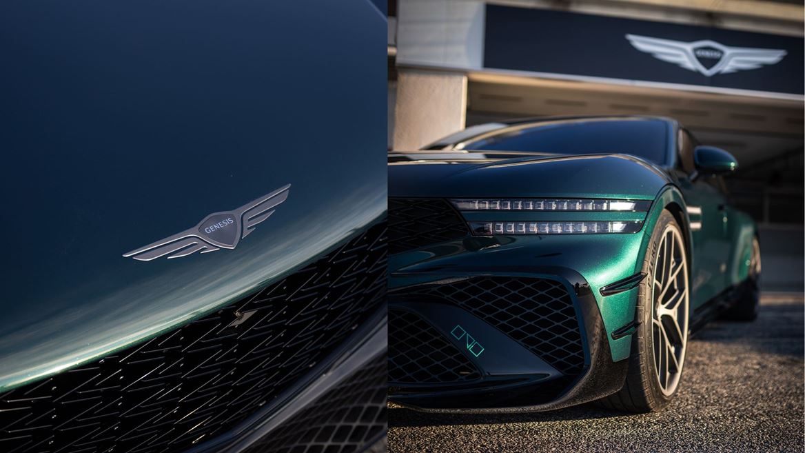 THE G90 WINGBACK PROUDLY CARRIES THE GENESIS EMBLEM AND FEATURES A MUSCULAR FRONT BUMPER CARRYING THE MAGMA BADGE AND