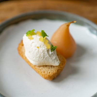 TOM KITCHIN’S WHISKY BABA WITH KOREAN SPICED POACHED PEAR