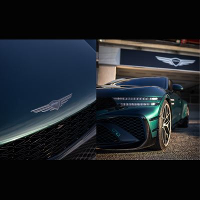 THE G90 WINGBACK PROUDLY CARRIES THE GENESIS EMBLEM AND FEATURES A MUSCULAR FRONT BUMPER CARRYING THE MAGMA BADGE AND