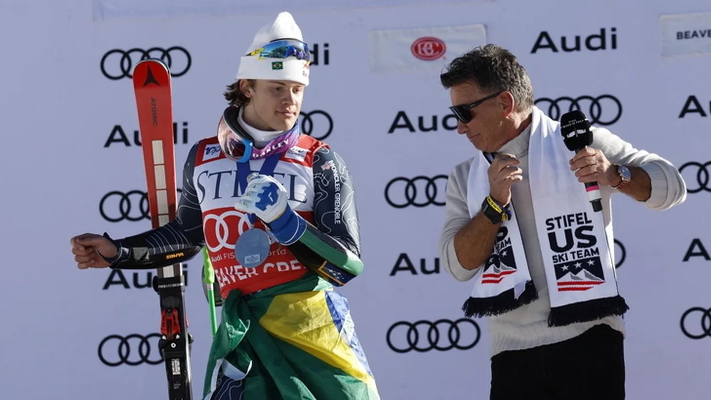 Lucas Pinheiro Braathen BRA celebrating Brazil s first Alpine Skiing World Cup podium in Beaver Creek