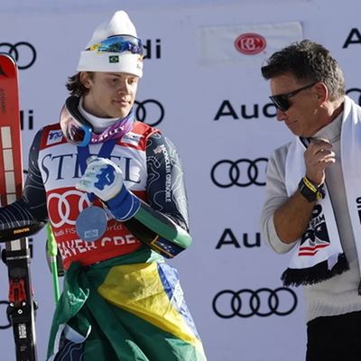 Lucas Pinheiro Braathen BRA celebrating Brazil s first Alpine Skiing World Cup podium in Beaver Creek