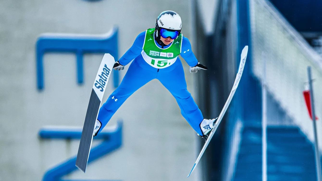Ajda Kosnjek SLO in action in the Ski Jumping Women s Normal Hill Individual at the Alpensia Ski Jumping Centre at the