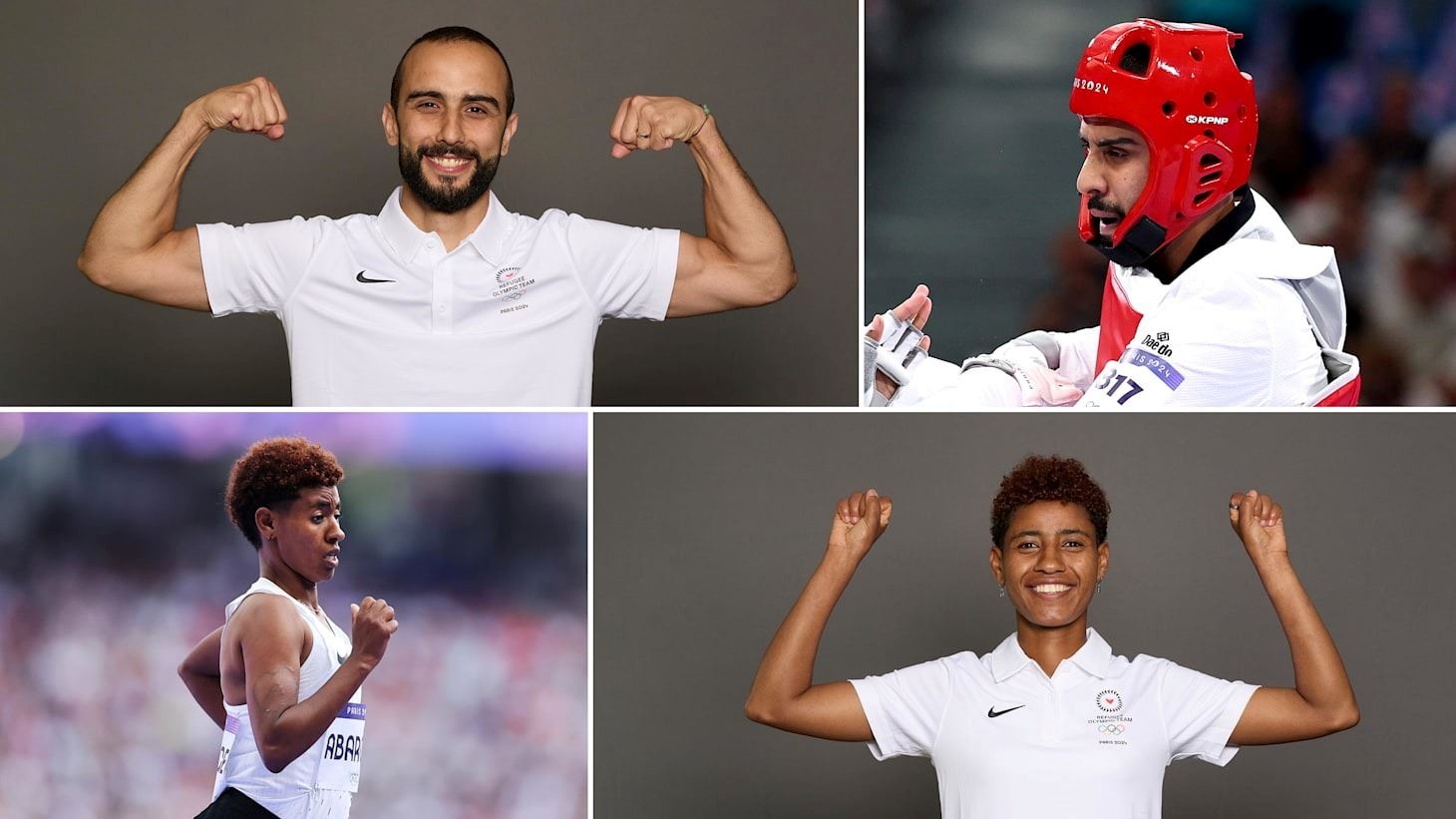 Farida Abaroge and Kasra Mehdipournejad meet the flagbearers of the IOC Refugee Olympic Team at the Paris 2024 Closing