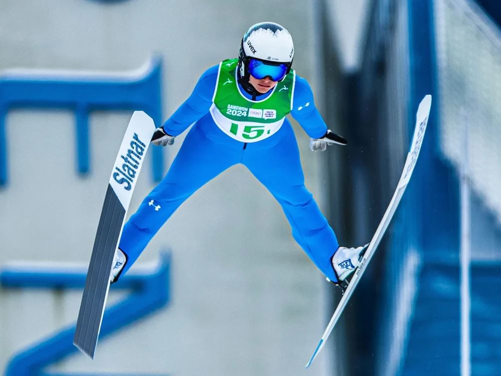 Ajda Kosnjek SLO in action in the Ski Jumping Women s Normal Hill Individual at the Alpensia Ski Jumping Centre at the