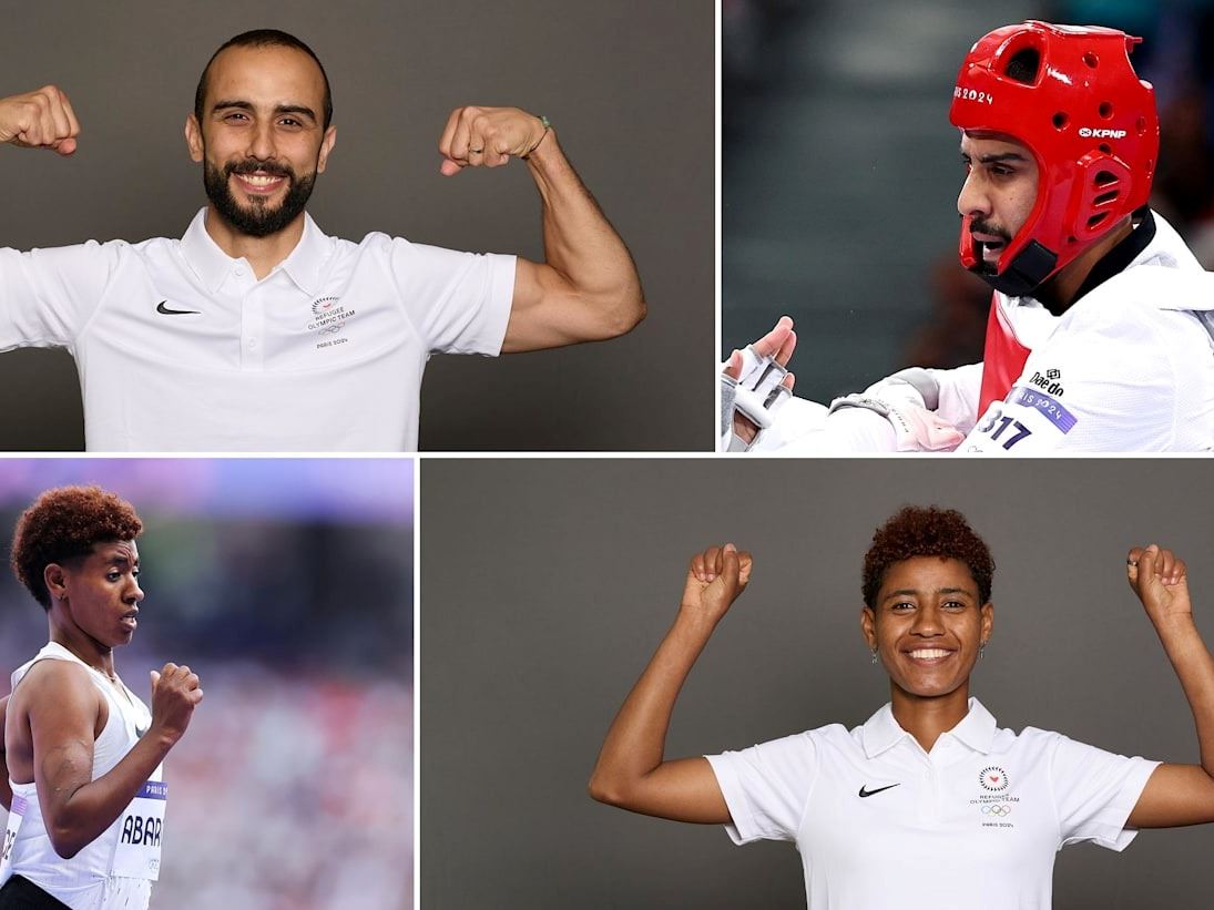 Farida Abaroge and Kasra Mehdipournejad meet the flagbearers of the IOC Refugee Olympic Team at the Paris 2024 Closing