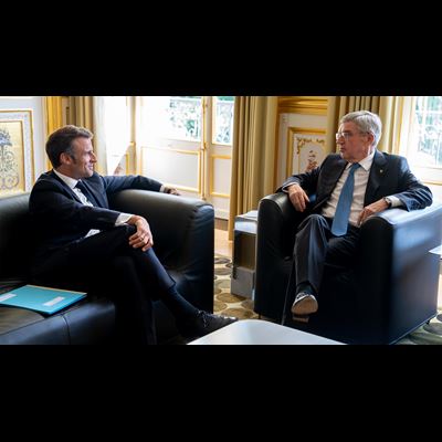 IOC President Bach welcomed by French President Macron in Paris