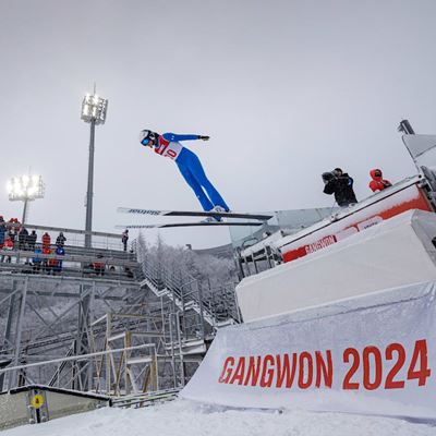 Ajda Kosnjek SLO in action in the Ski Jumping Women s Normal Hill Individual at the Alpensia Ski Jumping Centre