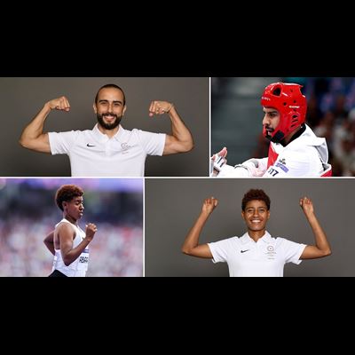 Farida Abaroge and Kasra Mehdipournejad meet the flagbearers of the IOC Refugee Olympic Team at the Paris 2024 Closing