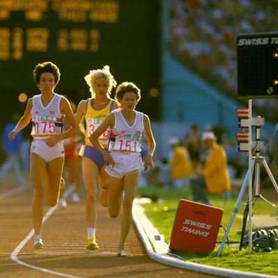 Zola Budd 151 running bare footed and Wendy Sly 175 of Great Britain lead from Maricica Puica of Romania with two laps