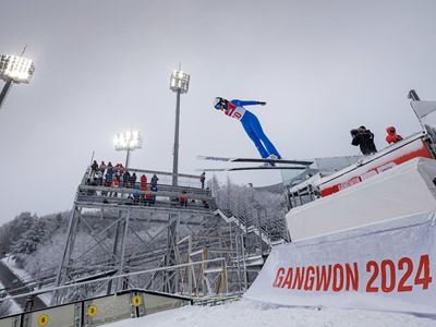 Ajda Kosnjek SLO in action in the Ski Jumping Women s Normal Hill Individual at the Alpensia Ski Jumping Centre