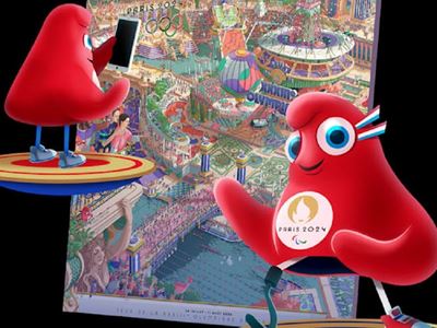 The Paris 2024 official poster with the mascots