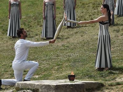 Olympic flame for the Olympic Games Paris 2024 lit in symbolic ceremony in Ancient Olympia