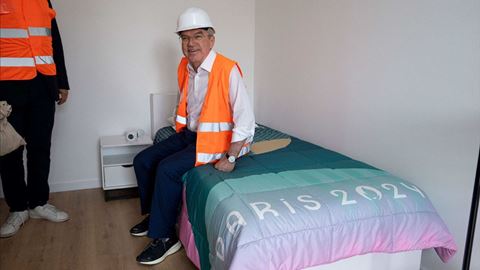 IOC President Thomas Bach at the Paris 2024 Olympic Village