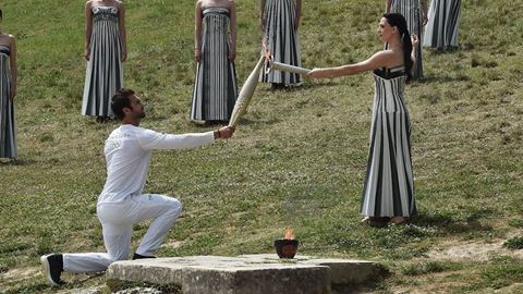 Olympic flame for the Olympic Games Paris 2024 lit in symbolic ceremony in Ancient Olympia