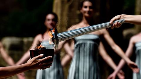 Olympic flame for the Olympic Games Paris 2024 lit in symbolic ceremony in Ancient Olympia