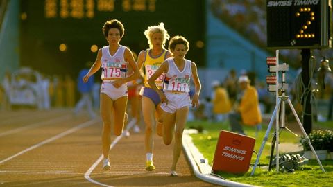 Zola Budd 151 running bare footed and Wendy Sly 175 of Great Britain lead from Maricica Puica of Romania with two laps