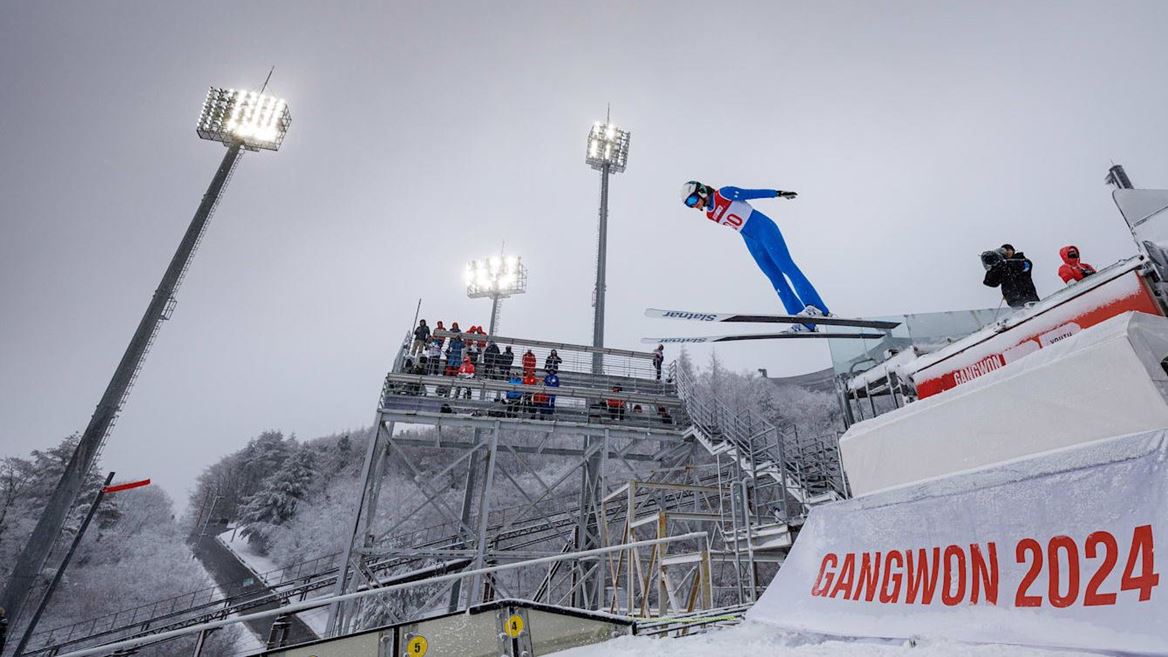 Ajda Kosnjek SLO in action in the Ski Jumping Women s Normal Hill Individual at the Alpensia Ski Jumping Centre