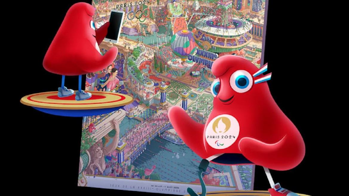The Paris 2024 official poster with the mascots