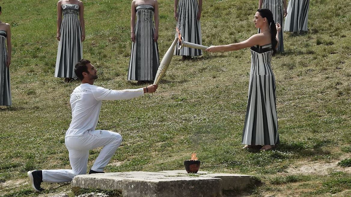 Olympic flame for the Olympic Games Paris 2024 lit in symbolic ceremony in Ancient Olympia