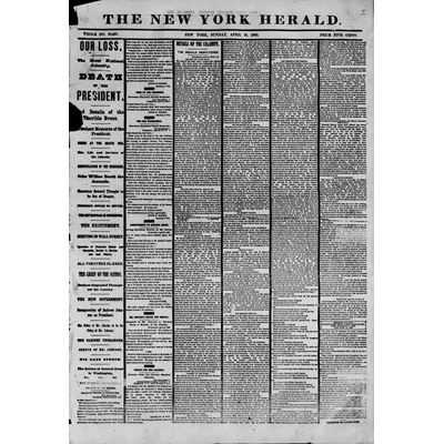 President Lincoln Dies. Front page of the New York Herald, April 16, 1865