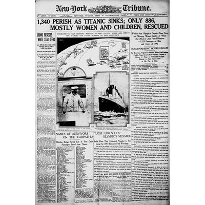 The Titanic sinks. Front page of the New York Tribune, April 16, 1912