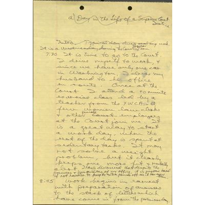 Sandra Day O Connor handwritten draft of A Day in the Life of a Supreme Court Justice