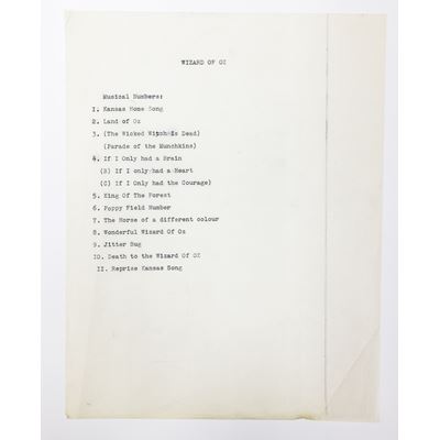 Typed list of songs from The Wizard of Oz